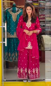 Women's Red Embroidered Traditional Indian Pakistani <b>Dress</b> With <b>Silver</b> Work Loose Fit Floor-Length Wedding Wear - Product Image 2