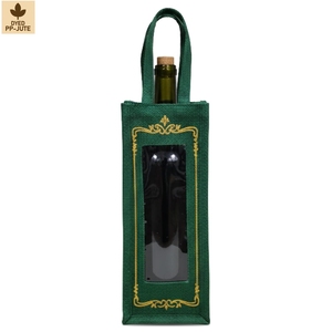 Green Laminated Jute Wine <b>Bottle</b> <b>Gift</b> <b>Bag</b> 13x36x13 cm PVC Window Golden Print Wholesale OEM Private Label SNC45A for Bulk Orders - Product Image 2