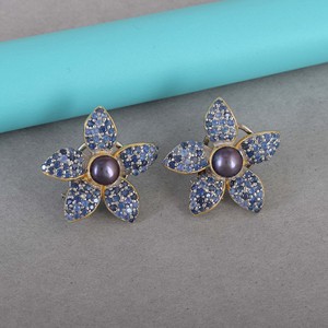 New 925 Sterling Silver Flower Shape Tahitian Pearl Stud <b>Earrings</b> 18K Gold Plated Blue Sapphire Gemstone Micro Pave <b>Fine</b> Jewelry - Product Image 3