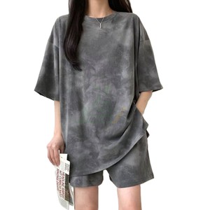 Custom Printed Logo Washed Pattern Custom 100% Cotton Fleece Summer Casual Women's 2-Piece T-Shirt Short Sleeve & Shorts <b>Set</b> - Product Image 2