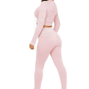 Ensemble deux pièces côtelé uni avec logo frontal pour femme, en tissu extensible doux, confortable pour le quotidien, vêtements décontractés et de maison - Product Image 3