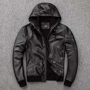 Custom Men Genuine Leather Hooded Bomber <b>Jacket</b> Winter Streetwear Sheepskin <b>Waterproof</b> Windproof Anti-UV Front <b>Plus</b> <b>Size</b> High - Product Image 2