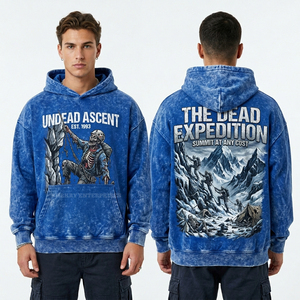 Sudadera con Capucha Gráfica Oversize para Hombre, Estilo Vintage Lavado Ácido, Diseño Undead Ascent, Ideal para Escalada y Expediciones - Product Image 1