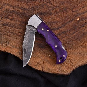 Couteau utilitaire pliant en acier Damas SHARP POINT TRADES, lame droite, ouverture par bouton de pouce, manche en bois, design artistique, OEM - Product Image 6
