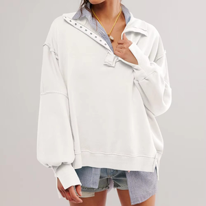Sudadera de punto rosa oversize para mujer con cuello abotonado y detalles de remaches, hombros caídos, manga larga, ropa casual de otoño - Product Image 6