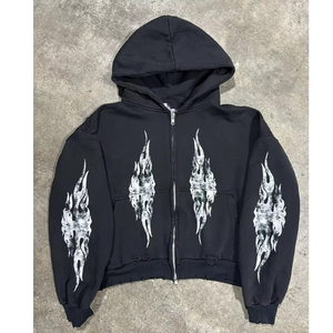 Men's Washed <b>Black</b> <b>Zip</b> <b>Up</b> <b>Hoodie</b> Gothic Print Distressed Oversized Y2K Streetwear Full <b>Zip</b> Hooded Sweatshirt Custom Wholesale - Product Image 6