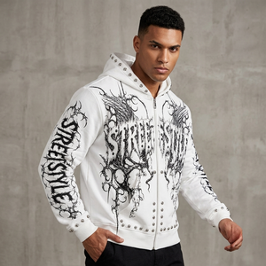 Custom White Studded Hoodie <b>Gothic</b> Angel Wing Thorn Print Blackletter Star Zip Up Oversized Streetwear <b>Jacket</b> Wholesale Supplier - Product Image 3