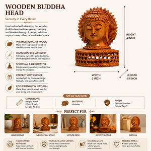 Estatua de Buda de madera hecha a mano con red de malla |   Escultura Decorativa de Cabeza de Buda |   Decoración Zen Asiática para el Hogar y la Oficina, Decoración Espiritual para Diwali - Product Image 5