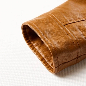 <b>Men's</b> Brown PU <b>Leather</b> <b>Jacket</b> Stand Collar Zipper Closure Slim Fit Regular Sleeve Solid Color Eco-Friendly <b>Jacket</b> For Sale - Product Image 4
