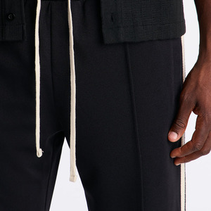 Custom Logo Men's <b>Black</b> Pleated <b>Trousers</b> With <b>White</b> Side <b>Stripes</b> Elastic Waist Casual Fit Polyester Spring Wear Fitness Pants - Product Image 3