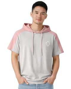 Men Short Sleeve Hoodie T Shirt Grey <b>Pink</b> Color Block Casual Pullover Hooded Top With Logo Soft Cotton Blend Summer Wear Styles - Product Image 1