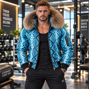 Men's Python Leather Hooded Coat with Genuine Fox <b>Fur</b> <b>Trim</b> Luxury Casual Motor Wear | Herren Lederjacke | Chaqueta Hombre Cuero - Product Image 4