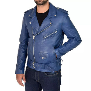 Veste de moto pour homme en cuir véritable bleu, imperméable, respirante, col rabattu, fermeture éclair, coupe ajustée, poches avec ceinture, automne - Product Image 5
