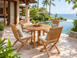 Ensemble de table et chaises pliantes rondes minimalistes en teck avec 4 chaises, ensemble de table et chaises de jardin durables pour l'extérieur - Product Image 2