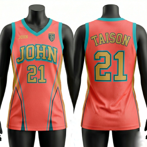 Maillot de basket-ball pour femmes, qualité supérieure, 180 GSM, maille polyester respirante, design à panneaux orange corail et turquoise, logo personnalisé par sublimation - Product Image 1