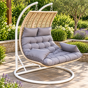 Outdoor Rattan <b>Hanging</b> <b>Chair</b> With Gray Cushions Contemporary Patio Swing For 1 Person - Product Image 6