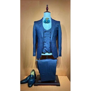 Costume trois pièces en laine bleu à carreaux pour homme, style britannique, double boutonnage, col cranté, tenue formelle professionnelle - Product Image 2