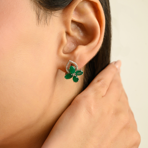 New Classy Trendy Women's 925 Sterling Silver Floral Pattern Oval Shape <b>Emerald</b> & Round Diamond <b>Stud</b> Earring Fine Jewelry - Product Image 2