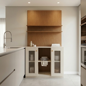 Buffet de cuisine moderne bicolore en bois, blanc cassé, avec étagères ouvertes et portes vitrées, meuble de bar à café, mobilier de salle à manger - Product Image 2