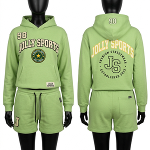 Women Hoodie Short Set Premium Cotton Polyester Fleece Teal Custom Embroidery <b>Patch</b> Puff Print Logo Hoodie Shorts Set for Women - Product Image 2