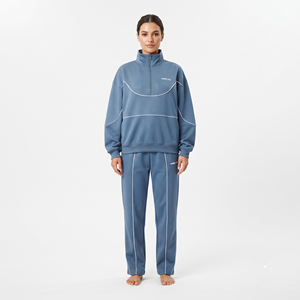 Conjunto de Sudadera Oversize de Poliéster con Media Cremallera y Ribete en Contraste Blanco para Mujer con Logotipo Personalizado y Pantalón Jogger - Venta al por Mayor - Product Image 1
