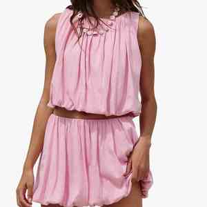Wholesale Summer Custom Clothing New Fashion Sleeveless <b>Top</b> Half Skirt Skinny Two-piece Set Women Cotton <b>Bubble</b> Skirts <b>Top</b> Set - Product Image 3