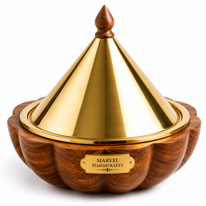 Casserole isolante en bois artisanale de luxe avec bol intérieur en acier inoxydable, couvercle conique haut de gamme, pot élégant pour servir les aliments - Product Image 1