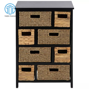 Meuble de rangement en bois noir avec tiroirs et paniers tressés en jonc de mer, organisateur de tiroirs, ensemble de meubles de salon - Product Image 1