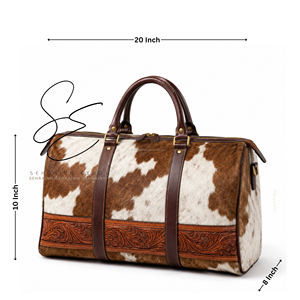 Brown White Cowhide Leather Duffle <b>Bag</b> Handmade Western Travel <b>Bag</b> Tooled Leather Weekender <b>Overnight</b> <b>Bag</b> for Women Men - Product Image 3