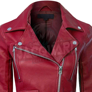 Chaqueta de cuero roja corta de moda para mujer, de calidad premium, con cierre de cremallera frontal, elegante chaqueta de cuero. - Product Image 5