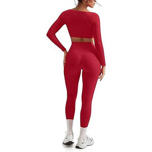 Conjuntos Deportivos de 2 Piezas para Mujer, Leggings de Compresión con Control de Abdomen y Bolsillos, Top Corto Acolchado de Manga Larga con Cuello Cuadrado, Ropa Deportiva - Product Image 5