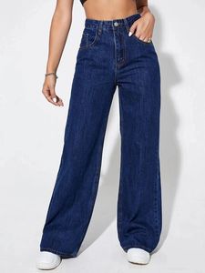 RAVTIN Women <b>Elastic</b> Waist High Plus Size 100% Cotton Loose Fit Straight-leg Denim <b>Jeans</b> Casual Streetwear Y2K Washed Distressed - Product Image 5