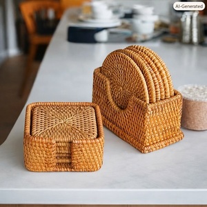 Top Selling Handwoven Eco-Friendly Rattan Coasters Set Storage Box Square Shape Wabi-Sabi Style <b>Table</b> Mats Pads Kitchen - Product Image 1