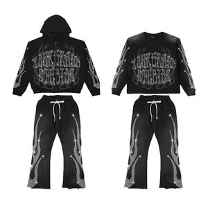 Oversized Men Printed Hooded <b>Flared</b> Sweatpants Custom Full <b>Glitter</b> Rhinestone 100% Cotton Sweatsuit Tracksuit SetsUnisex Black V - Product Image 2