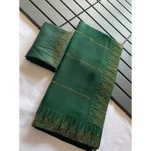 CRÉATEUR GEORGETTE SIROSKI TRAVAIL SAREE AVEC BLOUSE NON COUCHÉE VERT - Product Image 1