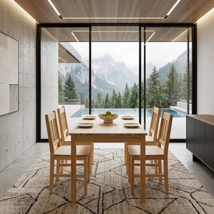 Ensemble de table à manger en teck massif avec 6 chaises à dossier à lattes, table rectangulaire, mobilier de cuisine moderne minimaliste, finition chêne naturel - Product Image 4