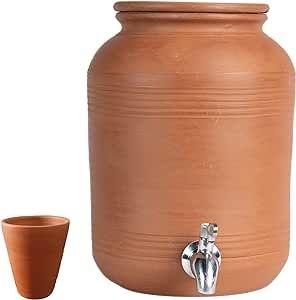Jarra de Agua Artesanal de Barro con Soporte, Tapa de Barro y Grifo de Acero Inoxidable para Agua Potable Naturalmente Fría - Product Image 3