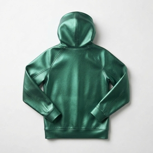 Chaqueta de Cuero Verde con Capucha, Manga Larga, Estilo Casual, Unisex, Color Sólido, con Bolsillos, para Otoño - Product Image 2