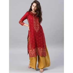FASHION HEAVY RAYON FOIL PRINT ORK NAYRA CUT KURTI RED - Product Image 1
