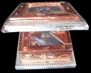 Handcrafted Copper Enamel Box <b>Rectangular</b> Silver Plated Folk Art Collectible Imitation Enamelling Decorative Tray - Product Image 2