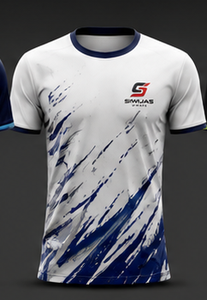 เสื้อฟุตบอลสั่งทำพิเศษ คอวี แขนสั้น โพลีเอสเตอร์ 100% สำหรับทุกเพศ สีขาว-น้ำเงิน ชุดทีม - Product Image 1