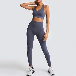 Ensemble de yoga pour femmes, haut court sans couture à dos nageur et leggings taille haute longueur intégrale, couleur unie, en Spandex et Polyester, 2 pièces - Product Image 4
