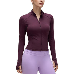 Women's Fitted Long Sleeve Zip-Up <b>Yoga</b> <b>Jacket</b> Solid Color Breathable 100% Polyester Ribbed Lightweight Thumbholes Seamless - Product Image 1