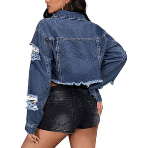 เสื้อแจ็คเก็ตยีนส์ครอปสำหรับผู้หญิง แขนยาว แต่งขาด กระดุมผ่าหน้า ชายดิบ ดีไซน์ขาดๆ แบบสั้น สไตล์ลำลองแนวสตรีทแฟชั่น - Product Image 2