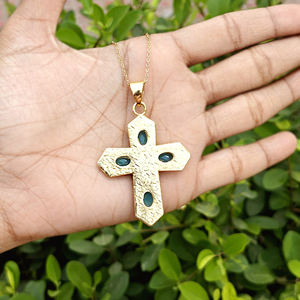 Luxury style oval cut sky blue chalcedony religious jewelry necklace brass gold plated filigree design <b>cross</b> pendant necklace - Product Image 6