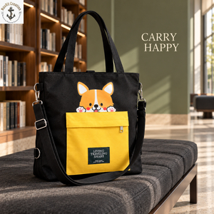 Corgi Print Canvas Diaper <b>Tote</b> <b>with</b> Yellow Front <b>Pocket</b> | Black Baby Essentials Carry <b>Bag</b> <b>with</b> Detachable Strap for Daily Travel - Product Image 2
