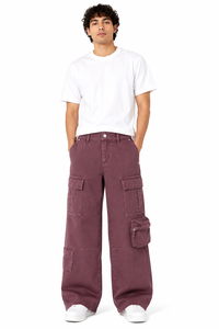 Mens Washed Cargo Denim Pants Wide Leg Utility <b>Jeans</b> Casual <b>Burgundy</b> Streetwear Trousers with Multi Pocket Design Relaxed Fit - Product Image 2