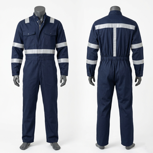 Combinaison de travail pour homme, 245 GSM, en sergé de polycoton, bleu marine, jaune, avec panneaux haute visibilité, bande réfléchissante, broderie personnalisée, impression - Product Image 4