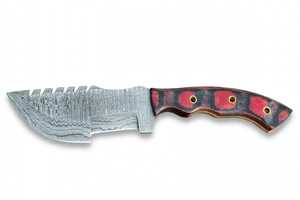 Couteau de camping à lame fixe en acier Damas artisanal avec dos de lame à double tranchant et manche en Micarta rouge-noir - Product Image 6
