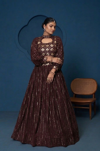 Burgundy Beaded Lehenga Set <b>Sequin</b> Embroidered <b>Crop</b> <b>Top</b> Pleated Skirt Indian Wedding Outfit - Product Image 3